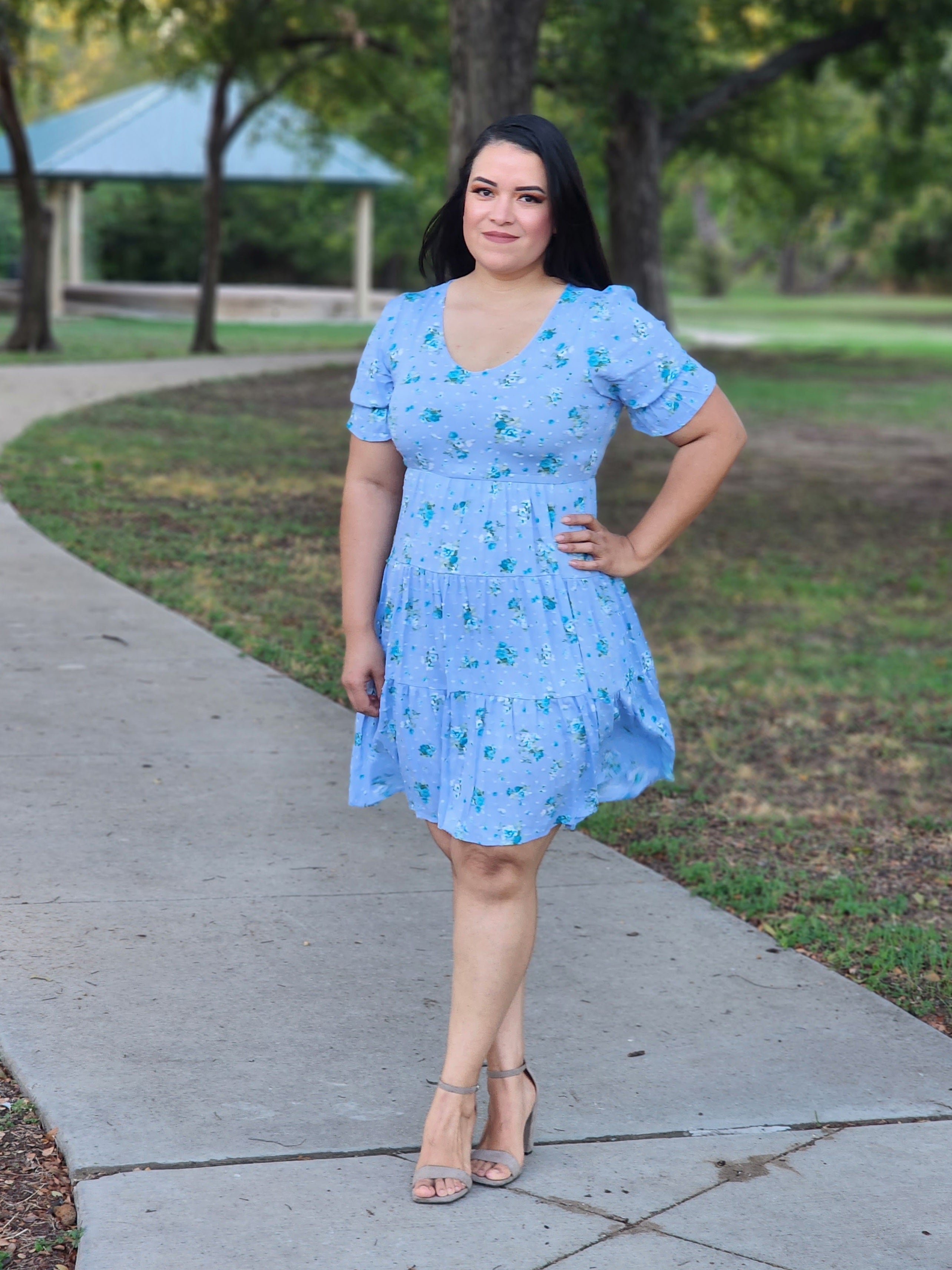 Casual Dress Blue Tiered Floral V Neck Dress