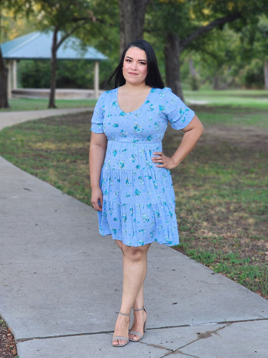 Casual Dress Blue Tiered Floral V Neck Dress