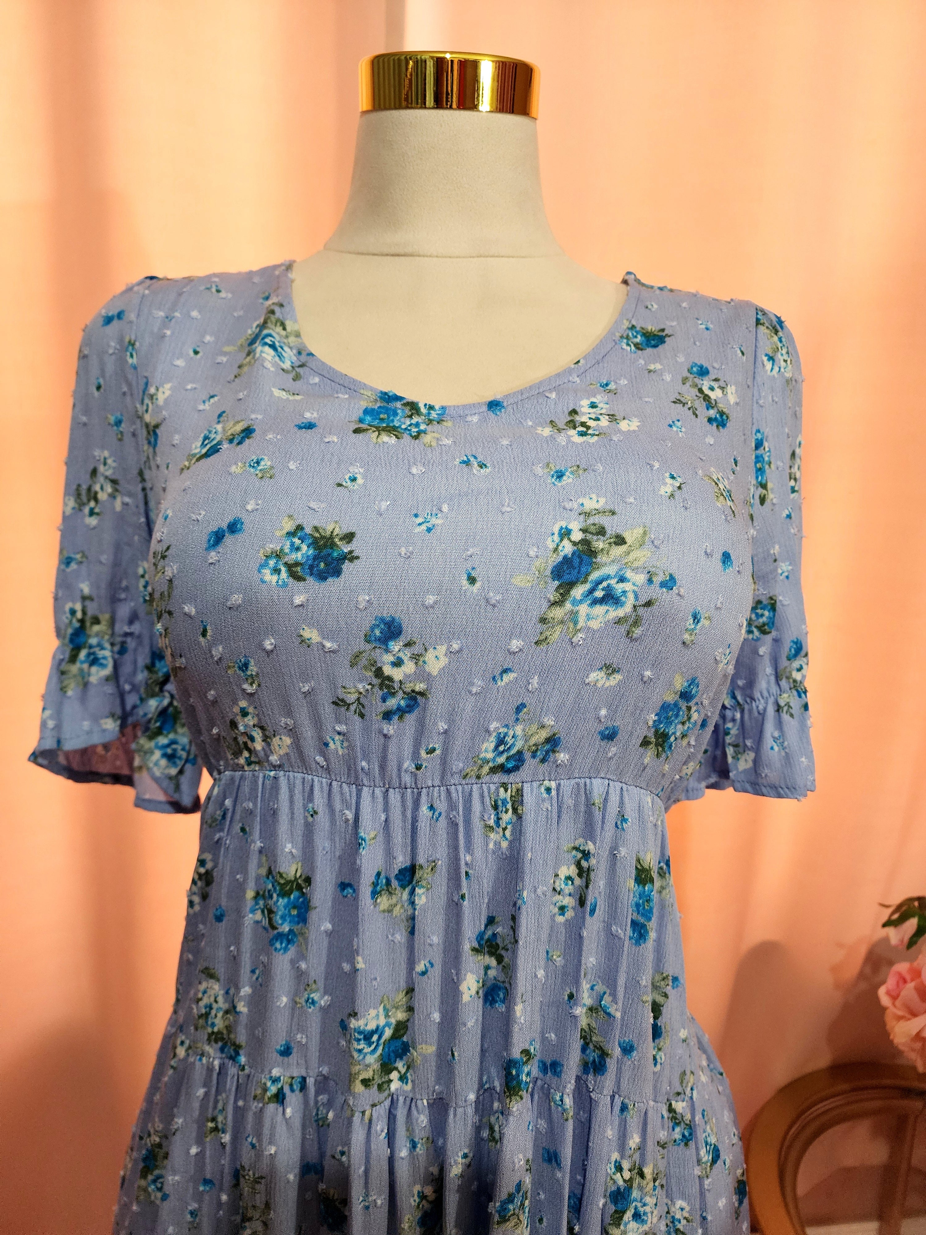 Casual Dress Blue Tiered Floral V Neck Dress