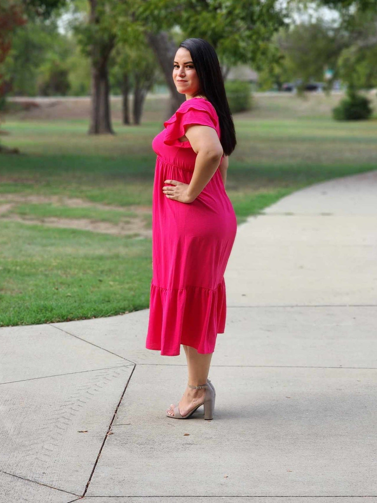 Casual Dress Fucshia V-Neck Midi Dress