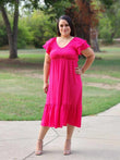 Casual Dress Fucshia V-Neck Midi Dress