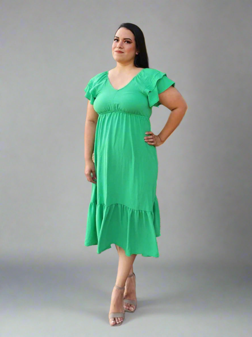 Casual Dress Green Smocked Ruffle hem Midi Dress