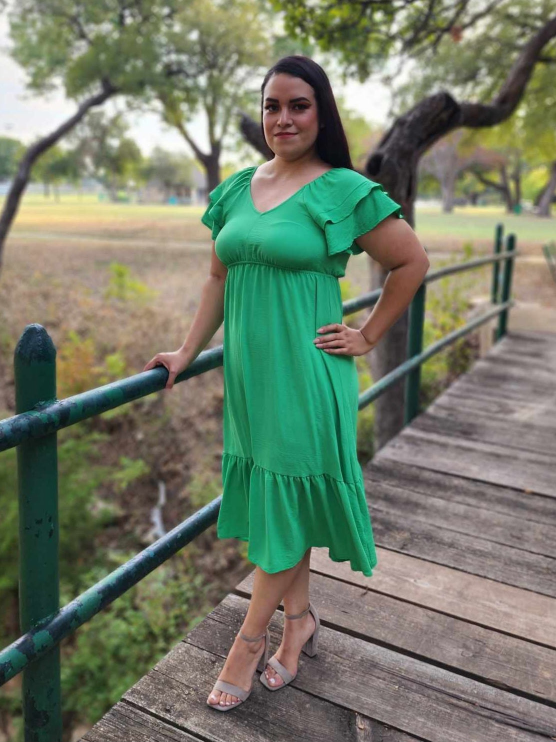 Casual Dress Green Smocked Ruffle hem Midi Dress