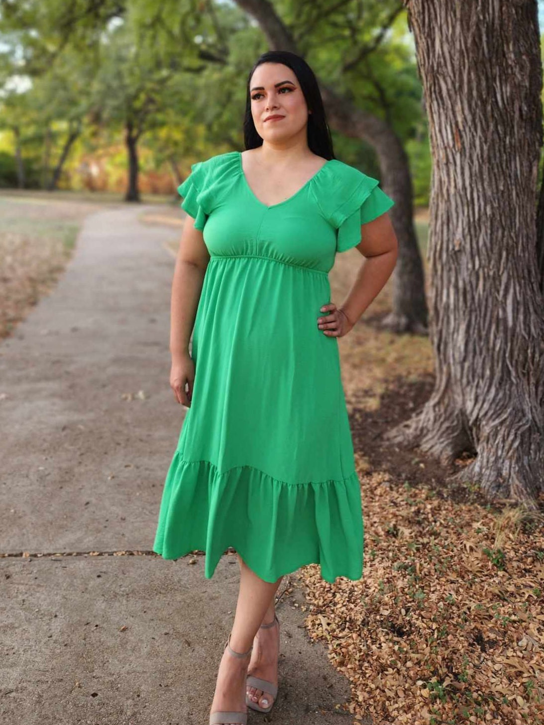 Casual Dress Green Smocked Ruffle hem Midi Dress