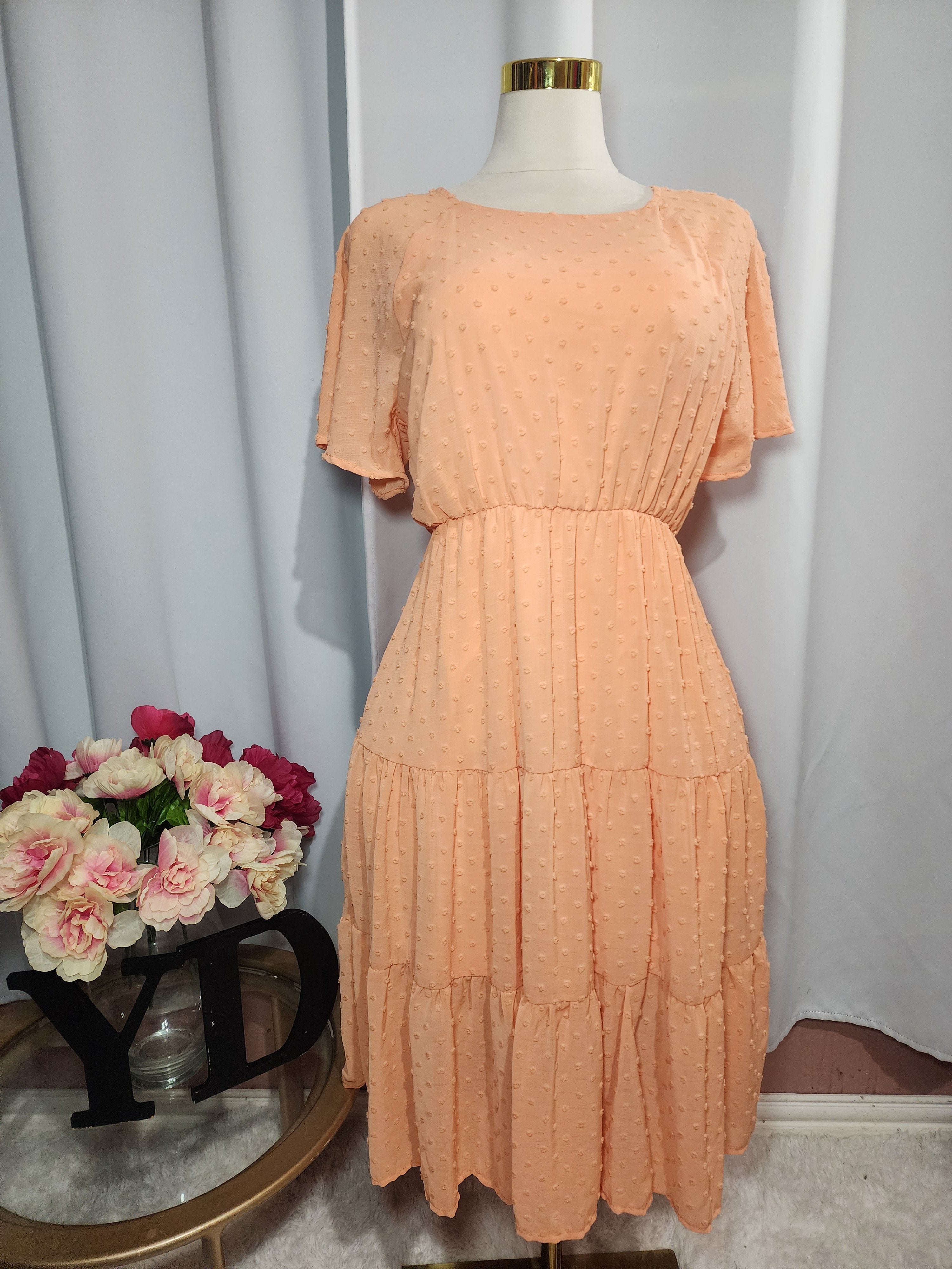 Casual Dress Solid Short Sleeve Dress - Peach