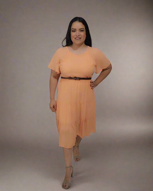 Casual Dress Solid Short Sleeve Dress - Peach