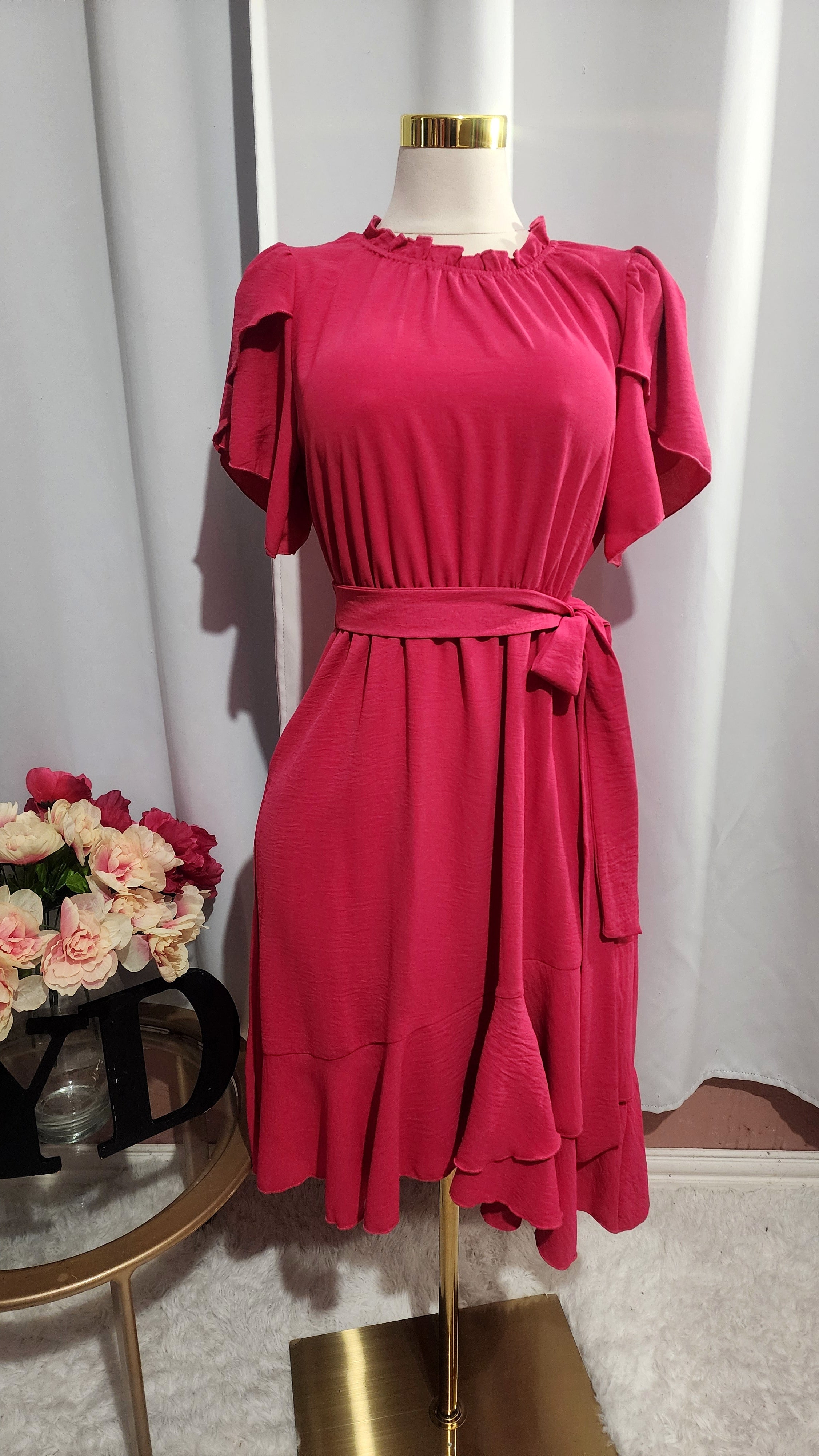 Casual Dress Woven Tulip Short Sleeve Dress - Fuchsia