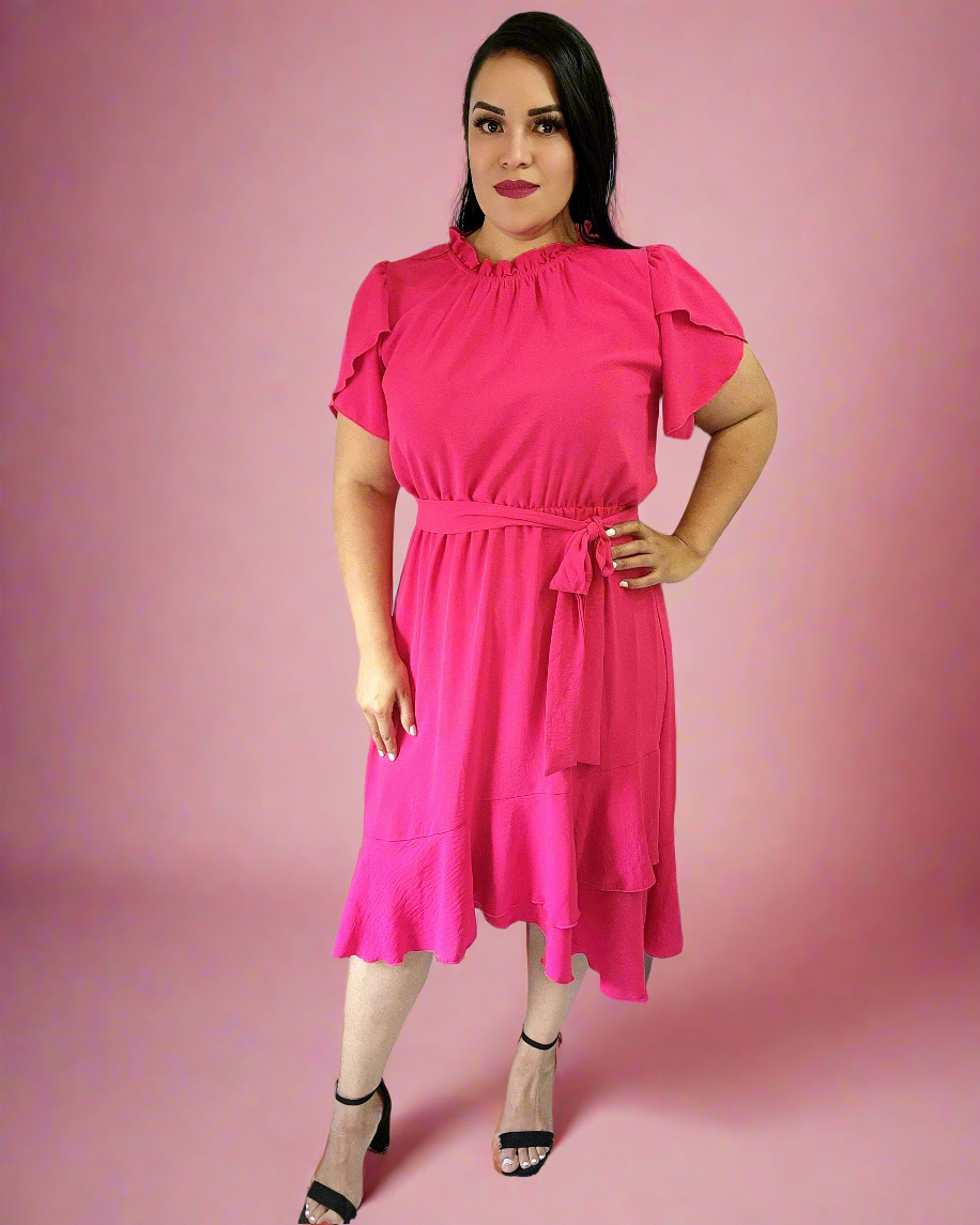 Casual Dress Woven Tulip Short Sleeve Dress - Fuchsia