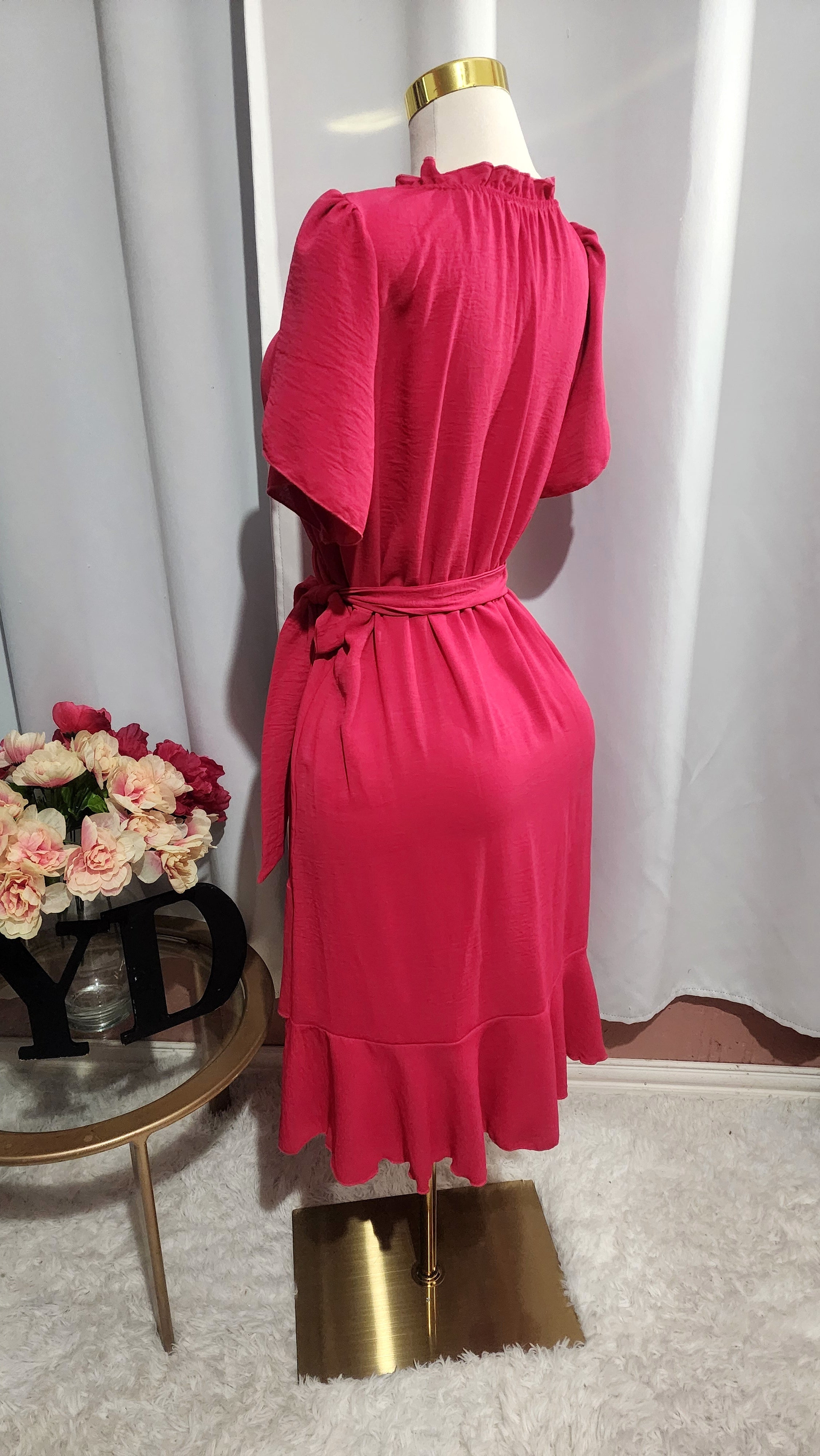 Casual Dress Woven Tulip Short Sleeve Dress - Fuchsia