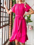 Casual Dress Woven Tulip Short Sleeve Dress - Fuchsia