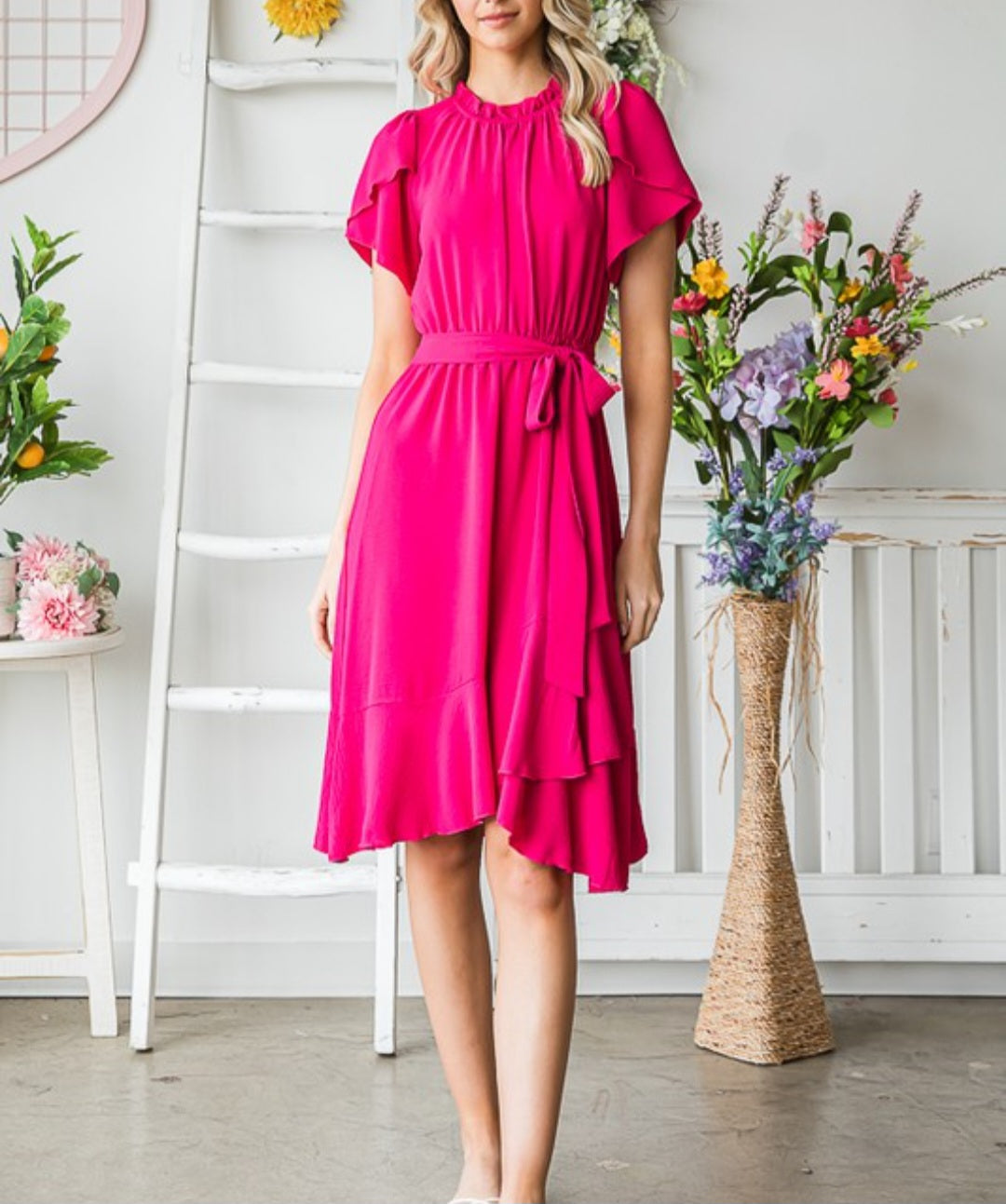 Casual Dress Woven Tulip Short Sleeve Dress - Fuchsia