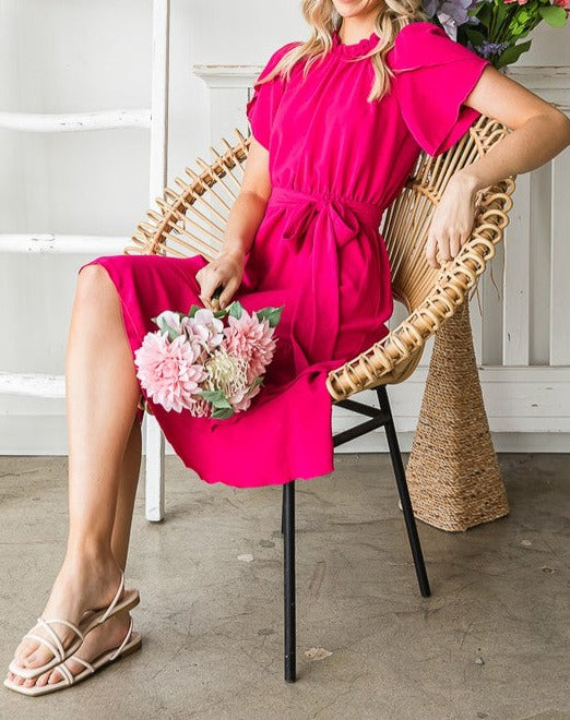 Casual Dress Woven Tulip Short Sleeve Dress - Fuchsia