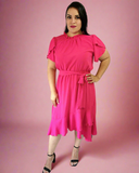 Casual Dress Woven Tulip Short Sleeve Dress - Fuchsia