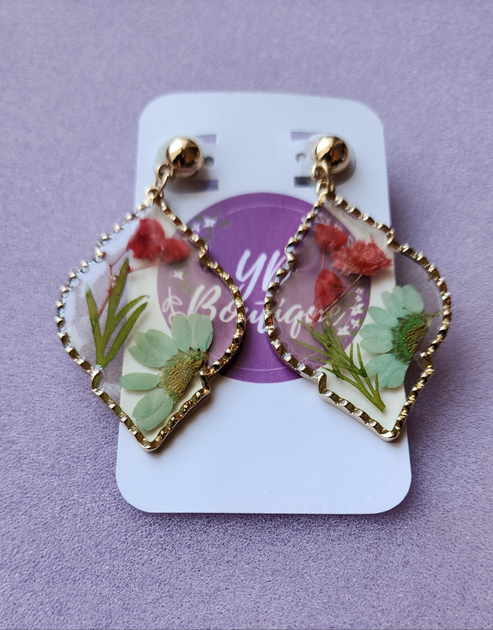 Pendientes de resina azul y menta botánica de flores secas prensadas reales
