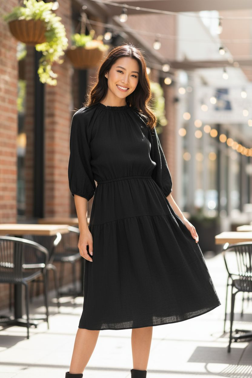 Cotton 3/4 Sleeve Tiered Midi Dress