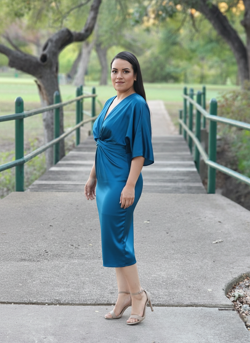 Satin Stretch Solid Dress with Front Twist