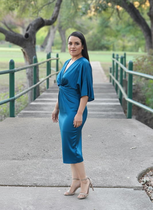 Satin Stretch Solid Dress with Front Twist