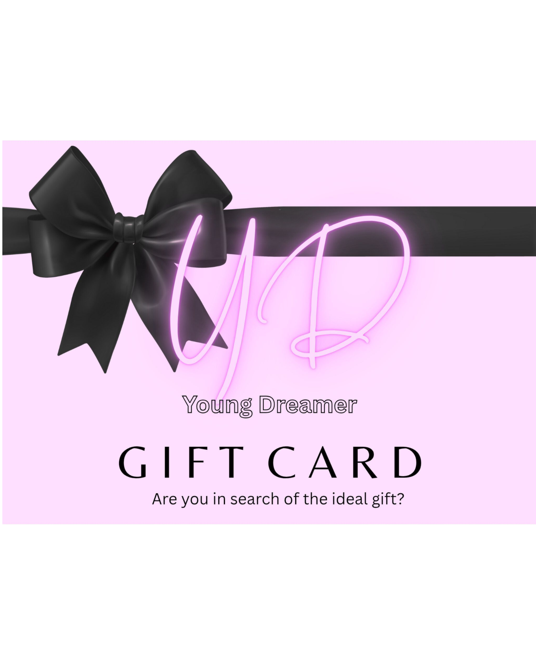 Gift card with a black bow on a pink background, featuring the brand 'Young Dreamer'.