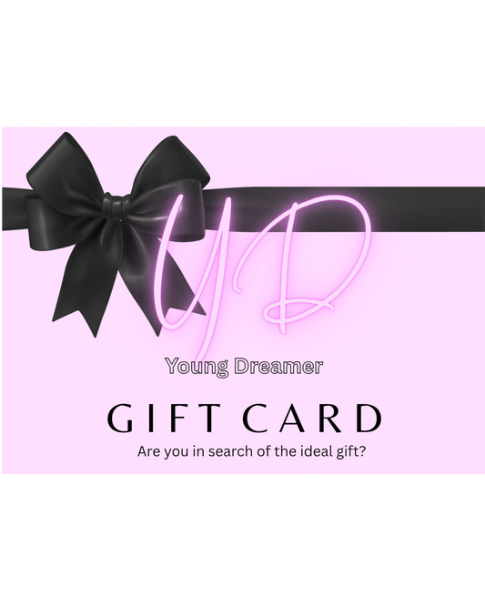 Gift card with a black bow on a pink background, featuring the brand 'Young Dreamer'.