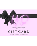 Gift card with a black bow on a pink background, featuring the brand 'Young Dreamer'.