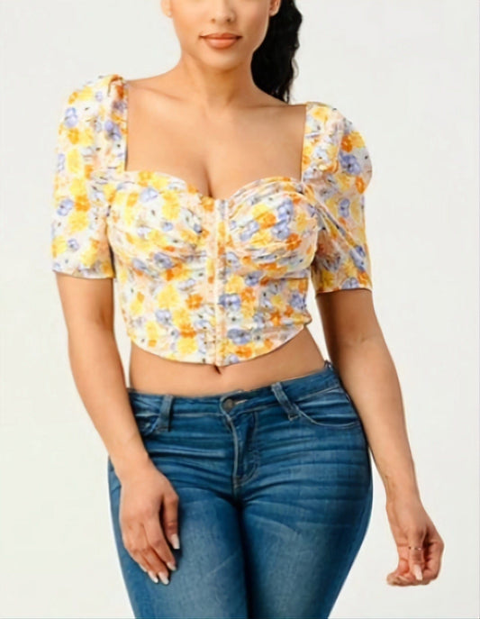 Yellow Cut-Out Puff Sleeve Floral Top 